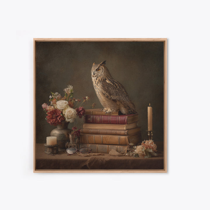 Owl Perched on a Pile of Antique Framed Canvas Print, Library Art, Fine Art Print, Library Decor, Fine Art, Archive, Painting, LIB-1x1-74