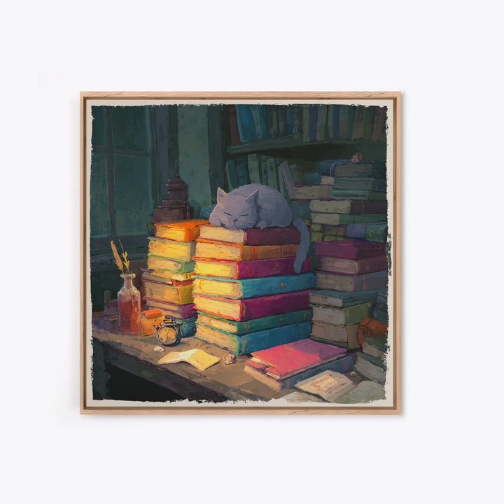 Cat Sleeping on a Book Stack Framed Canvas Print, Library Art, Boho Decor, Library Decor, Oil Painting, Archive, Digital Art, LIB-1x1-79