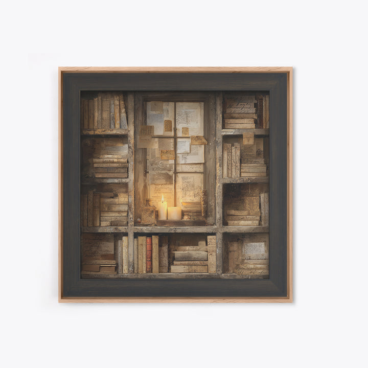 Moonlit Window with Floating Pages Framed Canvas Print, Library Art, Fine Art Print, Library Decor, Fine Art, Archive, LIB-1x1-80