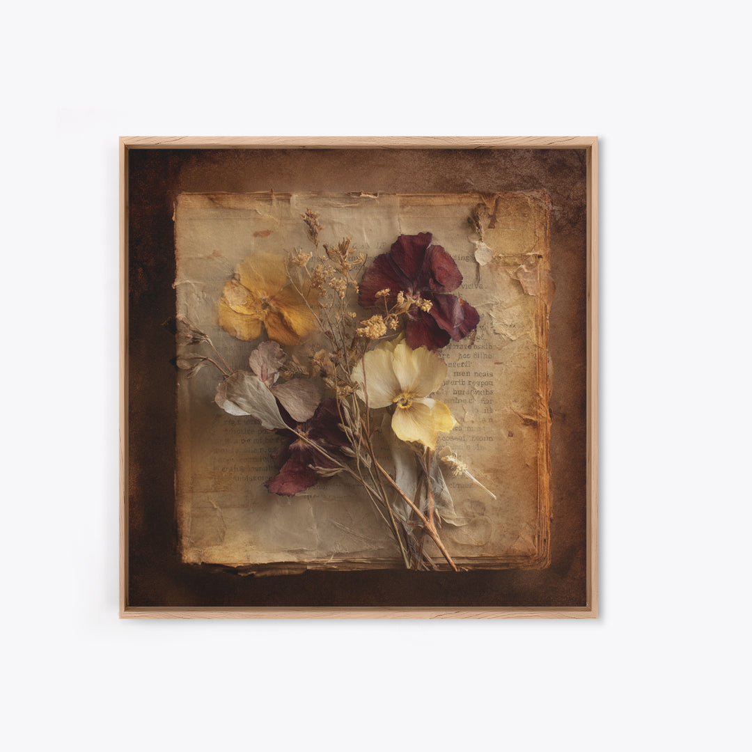 Botanical Pressed Flowers Inside Old Pages Canvas Print, Library Art, Painting, Library Decor, Oil Painting, Archive, LIB-1x1-81