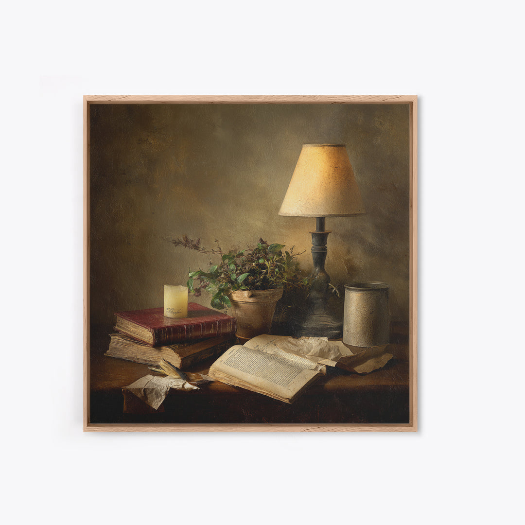 Warm Reading Lamp and Small Plant Still Framed Canvas Print, Library Art, Wall Art, Library Decor, Oil Painting, Archive, LIB-1x1-93
