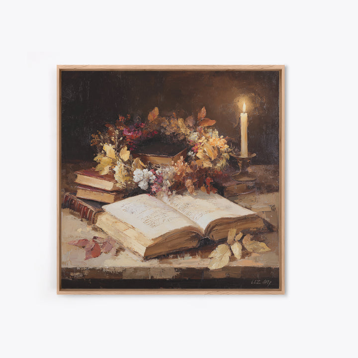 Botanical Wreath Surrounding an Open Book Framed Canvas Print, Library Art, Printable Wall Art, Library Decor, Archive, LIB-1x1-96