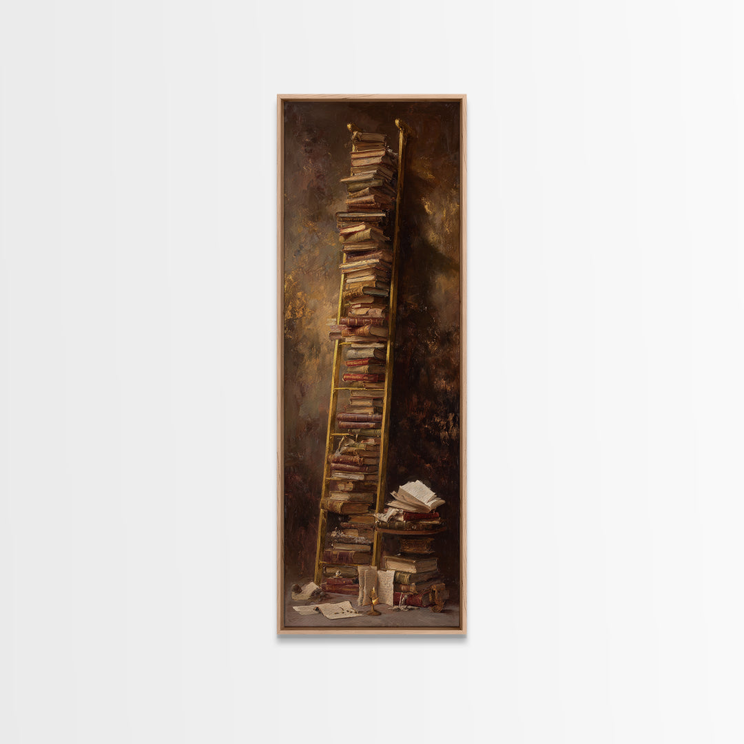 Rolling Library Ladder Framed Canvas Print, Library Art, Wall Art Print, Library Decor, Abstract Art, Archive, LIB-1x3-15