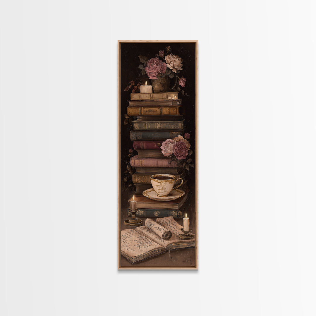 Teacup Beside a Novel and Roses Canvas Print, Library Art, Gothic Wall Decor, Library Decor, Fine Art, Archive, LIB-1x3-2