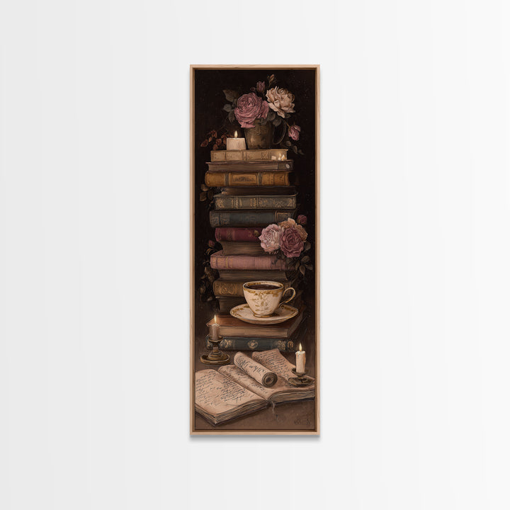 Teacup Beside a Novel and Roses Canvas Print, Library Art, Gothic Wall Decor, Library Decor, Fine Art, Archive, LIB-1x3-2