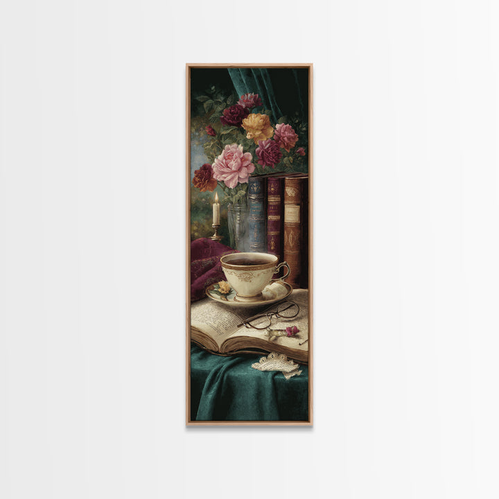 Teacup Beside a Novel and Roses Canvas Print, Library Art, Gothic Wall Decor, Library Decor, Fine Art, Archive, LIB-1x3-26