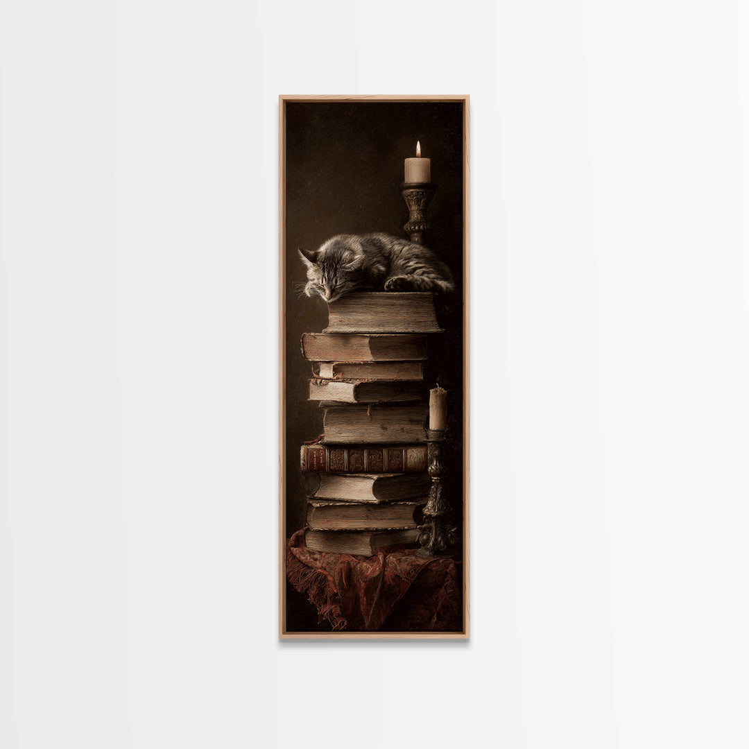 Cat Sleeping on a Book Stack Canvas Print, Library Art, Moody Wall Art, Library Decor, Fine Art, Archive, Gallery Decor, LIB-1x3-43