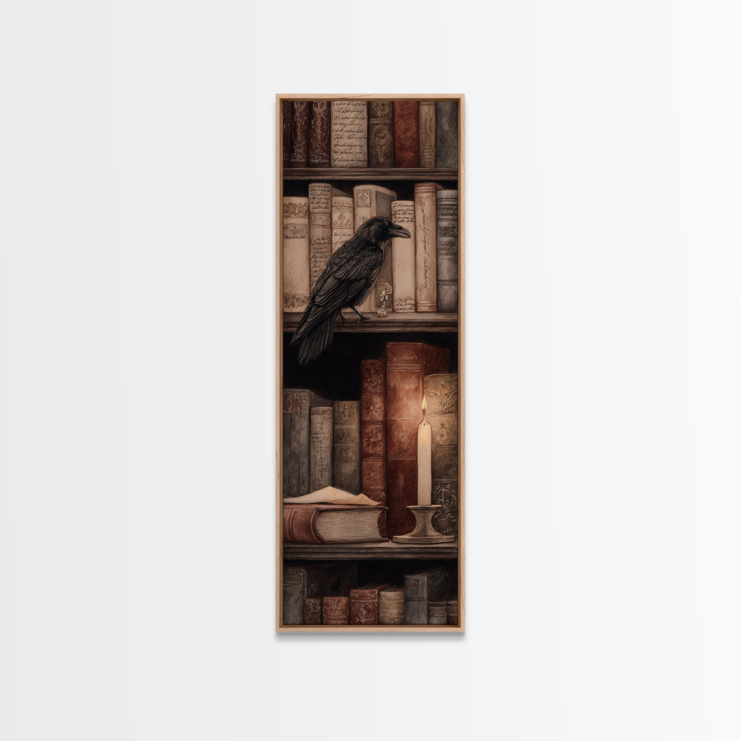 Black Raven Perched on Closed Book Framed Canvas Print, Library Art, Halloween Wall Art, Library Decor, Watercolor Art, Archive, LIB-1x3-58