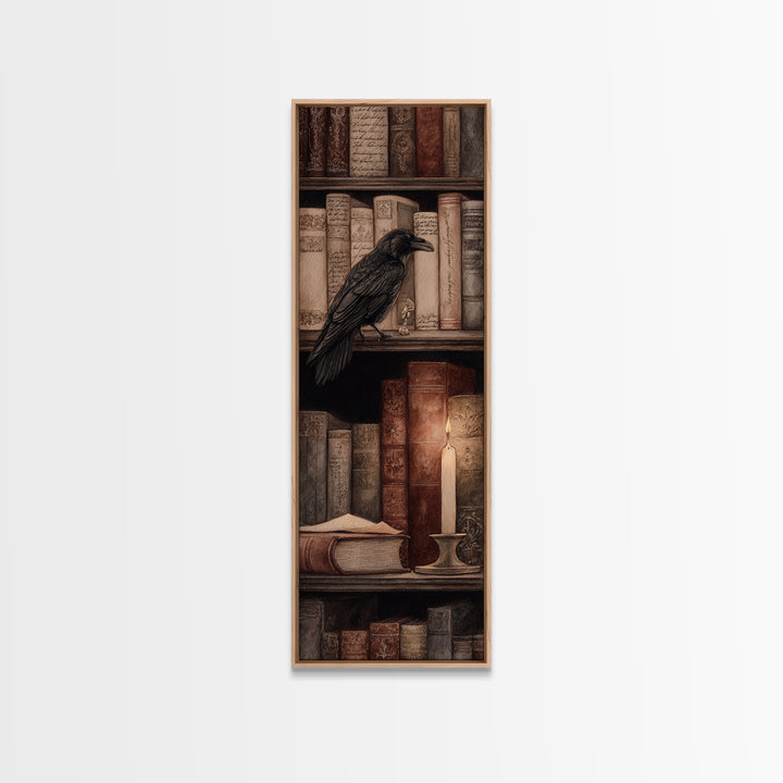 Black Raven Perched on Closed Book Framed Canvas Print, Library Art, Halloween Wall Art, Library Decor, Watercolor Art, Archive, LIB-1x3-58