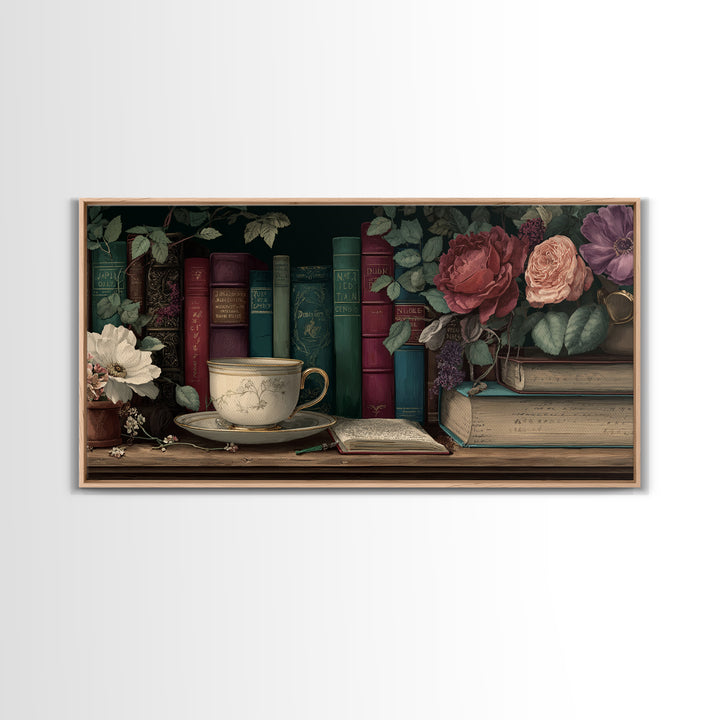 Teacup Beside a Novel and Roses Framed Canvas Print, Library Art, Contemporary Art, Library Decor, Fine Art, Archive, LIB-2x1-10