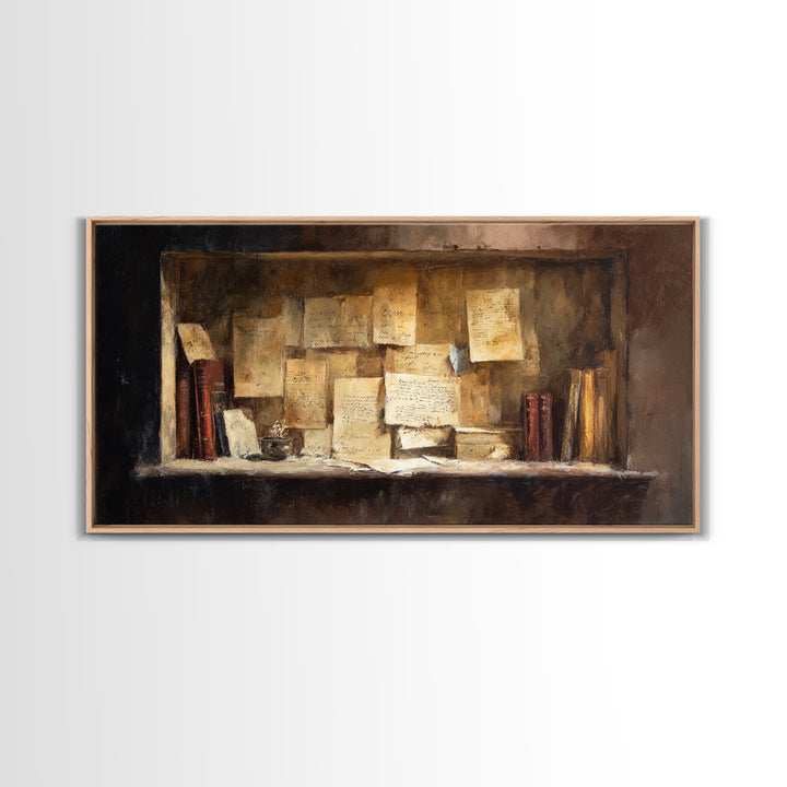Moonlit Window with Floating Pages Framed Canvas Print, Library Art, Contemporary Art, Library Decor, Fine Art, Archive, LIB-2x1-28