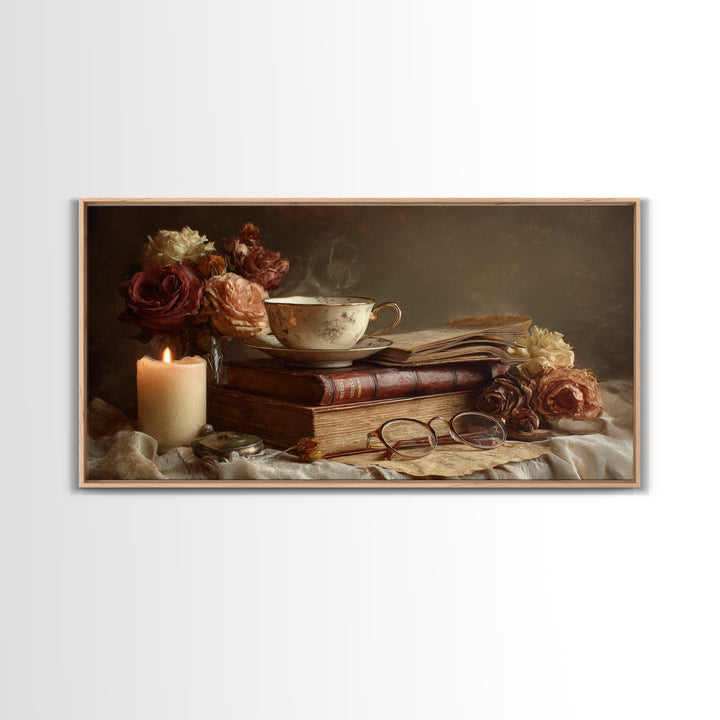 Teacup Beside a Novel and Roses Framed Canvas Print, Library Art, Contemporary Art, Library Decor, Fine Art, Archive, LIB-2x1-34