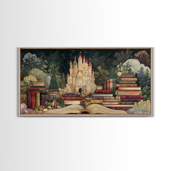 Storybook Castle Emerging from Open Book Framed Canvas Print, Library Art, Wall Art, Library Decor, Oil Painting, Archive, LIB-2x1-35