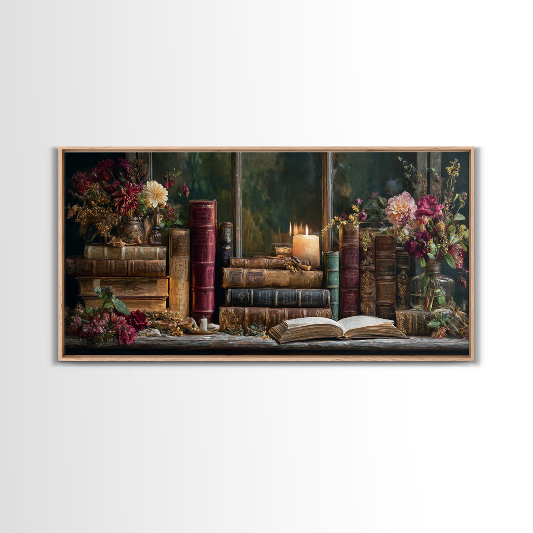 Old Books Stacked Framed Canvas Print, Library Art, Watercolor Painting, Library Decor, Oil Painting, Archive, Black Cat Art, LIB-2x1-45