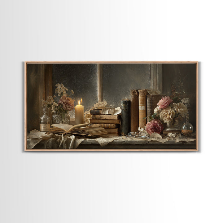 Moonlit Window with Floating Pages Canvas Print, Library Art, Digital Art, Library Decor, Fine Art, Archive, Watercolor Art, LIB-2x1-52
