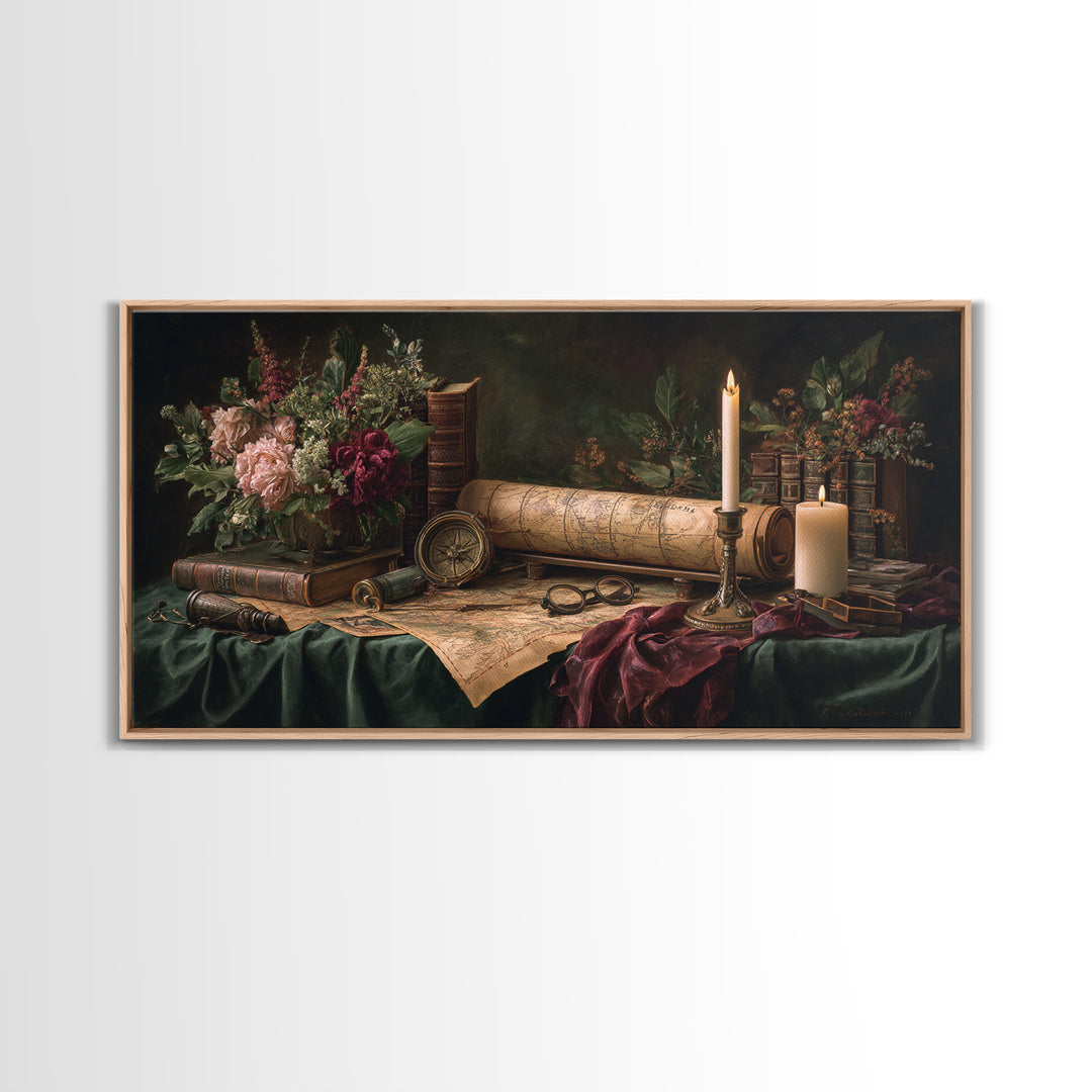 Map and Compass on Leather Bound Atlas Framed Canvas Print, Library Art, Gothic Home Decor, Library Decor, Oil Painting, LIB-2x1-60