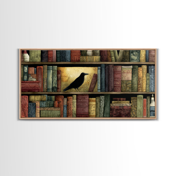 Black Raven Perched on Closed Book Canvas Print, Library Art, Library Decor, Watercolor Art, Archive, Unique Wall Art, LIB-2x1-66