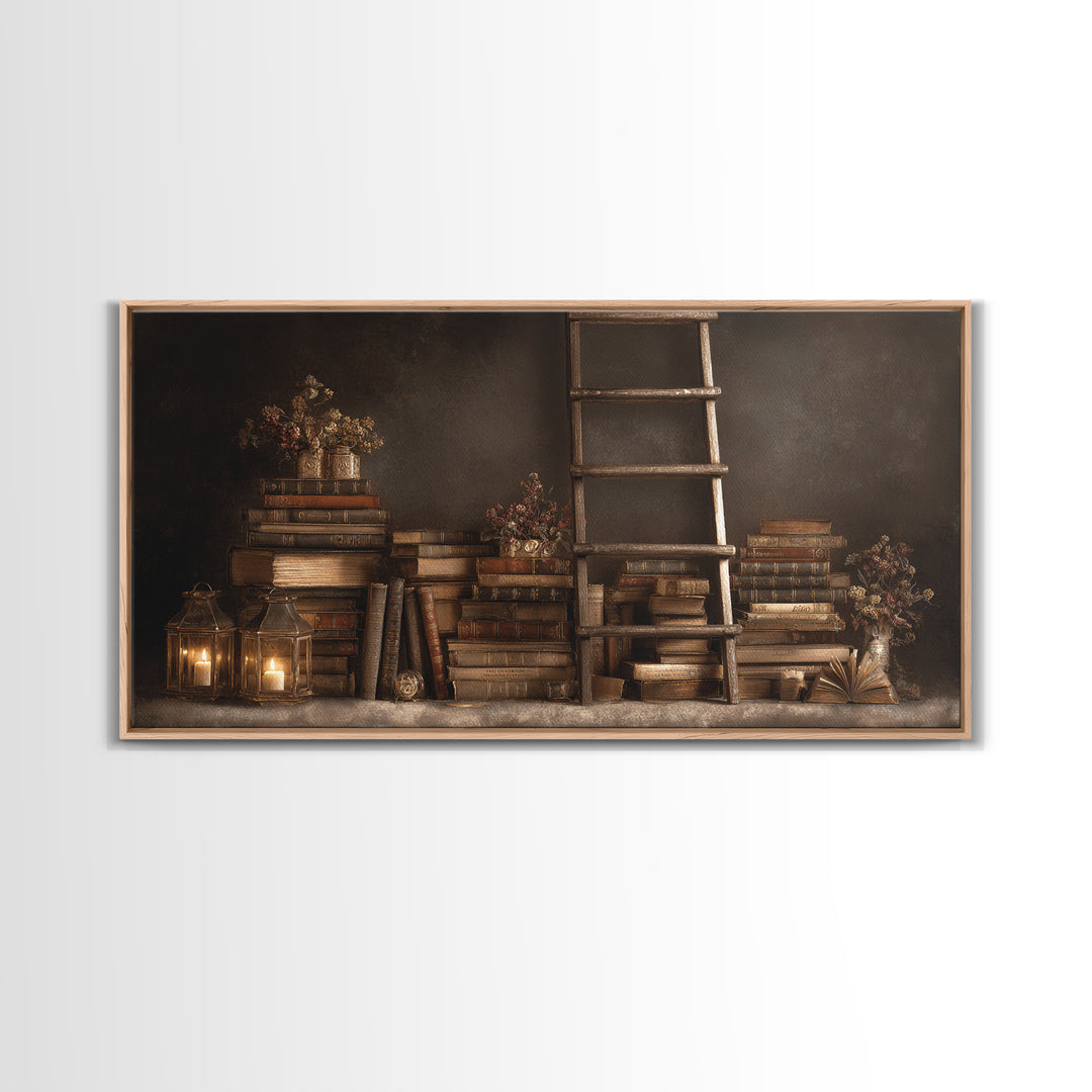 Rolling Library Ladder Canvas Print, Library Art, Dark Academia Art, Library Decor, Abstract Art, Archive, Room Decor, LIB-2x1-71