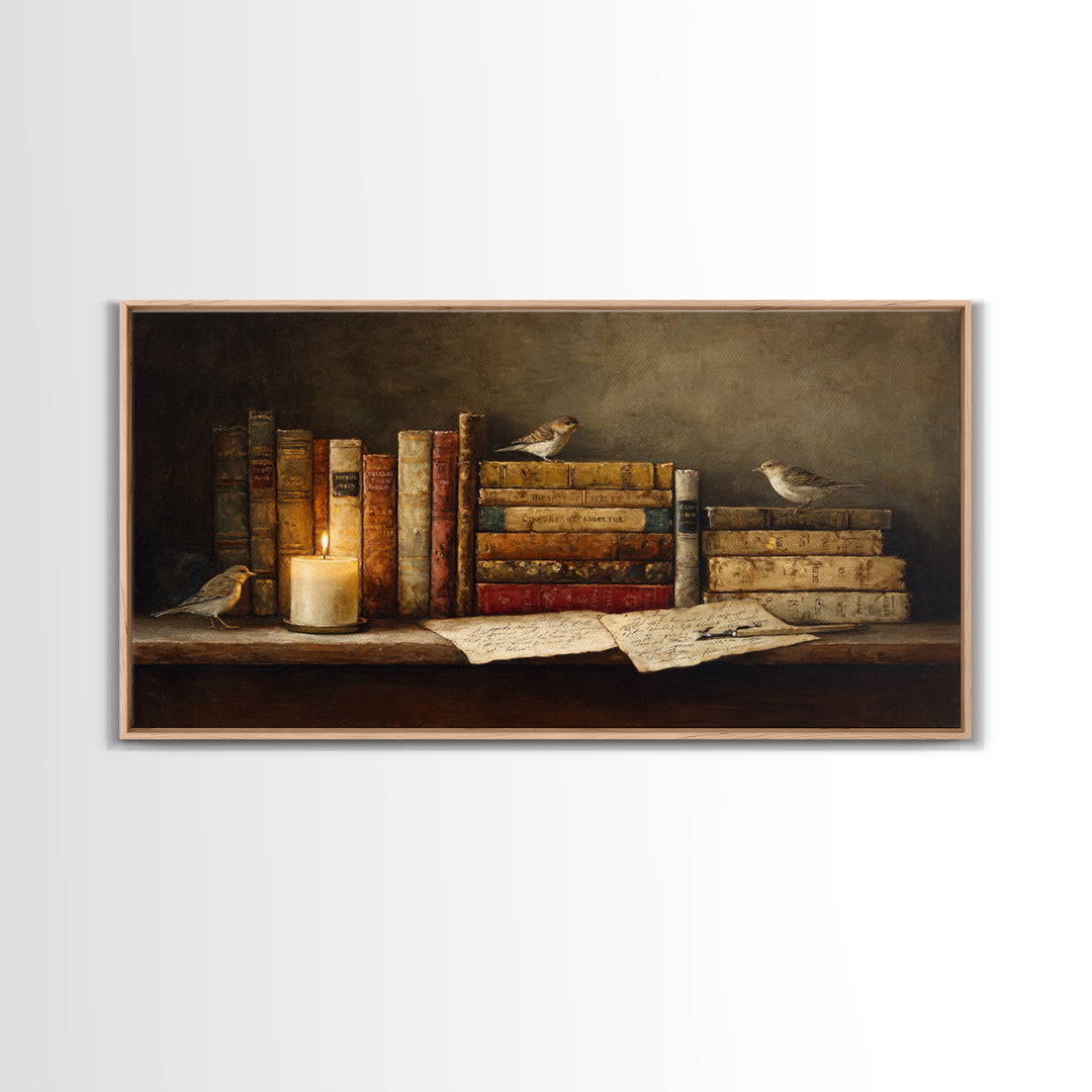 Open Book Releasing Tiny Birds Framed Canvas Print, Library Art, Living Room Decor, Library Decor, Fine Art, Archive, LIB-2x1-72