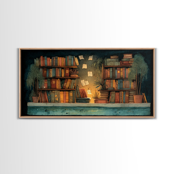 Moonlit Window with Floating Pages Canvas Print, Library Art, Gothic Wall Art, Library Decor, Archive, Bookish Wall Art, LIB-2x1-76