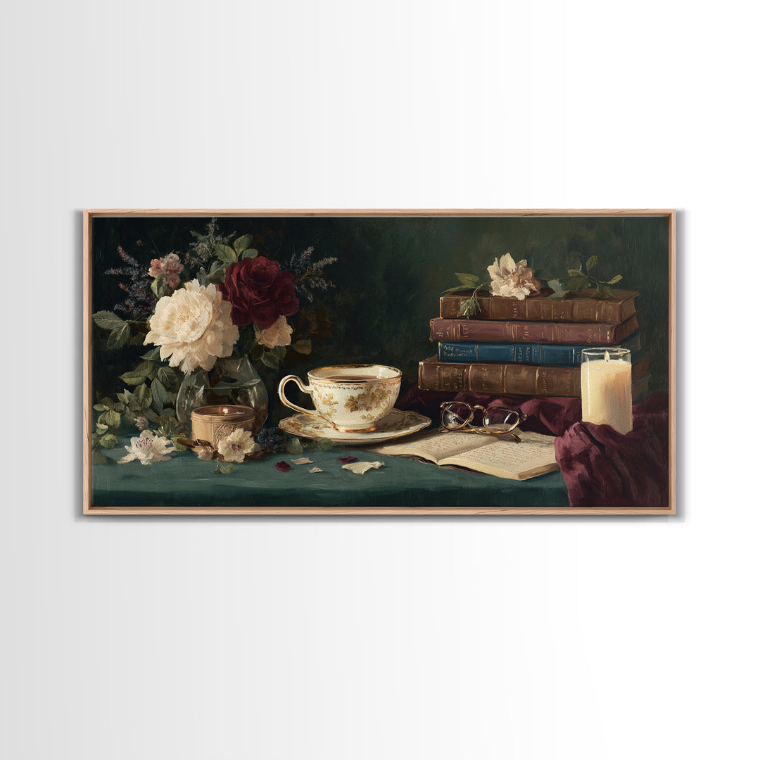 Teacup Beside a Novel and Roses Canvas Print, Library Art, Digital Art, Library Decor, Fine Art, Archive, Watercolor Art, LIB-2x1-82