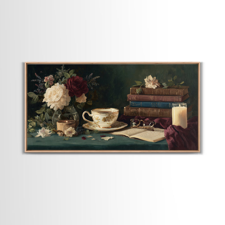 Teacup Beside a Novel and Roses Canvas Print, Library Art, Digital Art, Library Decor, Fine Art, Archive, Watercolor Art, LIB-2x1-82