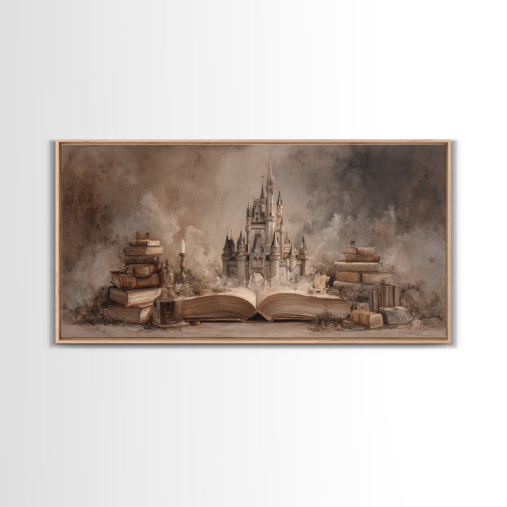Storybook Castle Emerging from Open Book Framed Canvas Print, Library Art, Painting, Library Decor, Fine Art, Archive, LIB-2x1-83