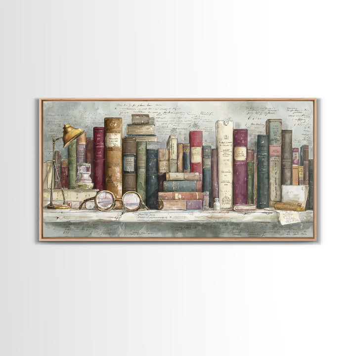 Antique Spectacles on a Manuscript Framed Canvas Print, Library Art, Unique Wall Art, Library Decor, Fine Art, Archive, LIB-2x1-88