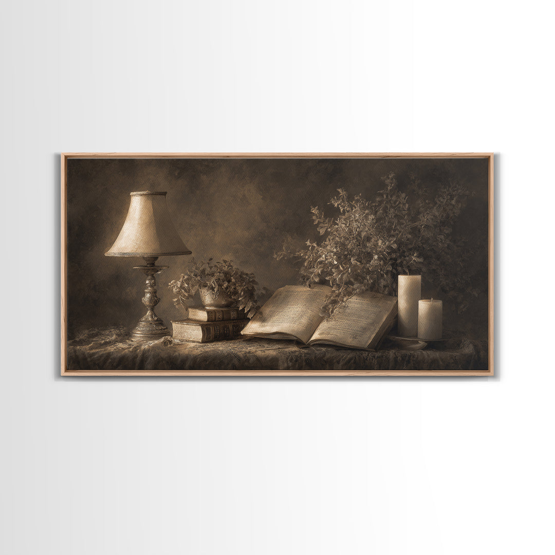 Warm Reading Lamp and Small Plant Still Canvas Print, Library Art, Watercolor Art, Library Decor, Archive, Halloween Wall Art, LIB-2x1-89