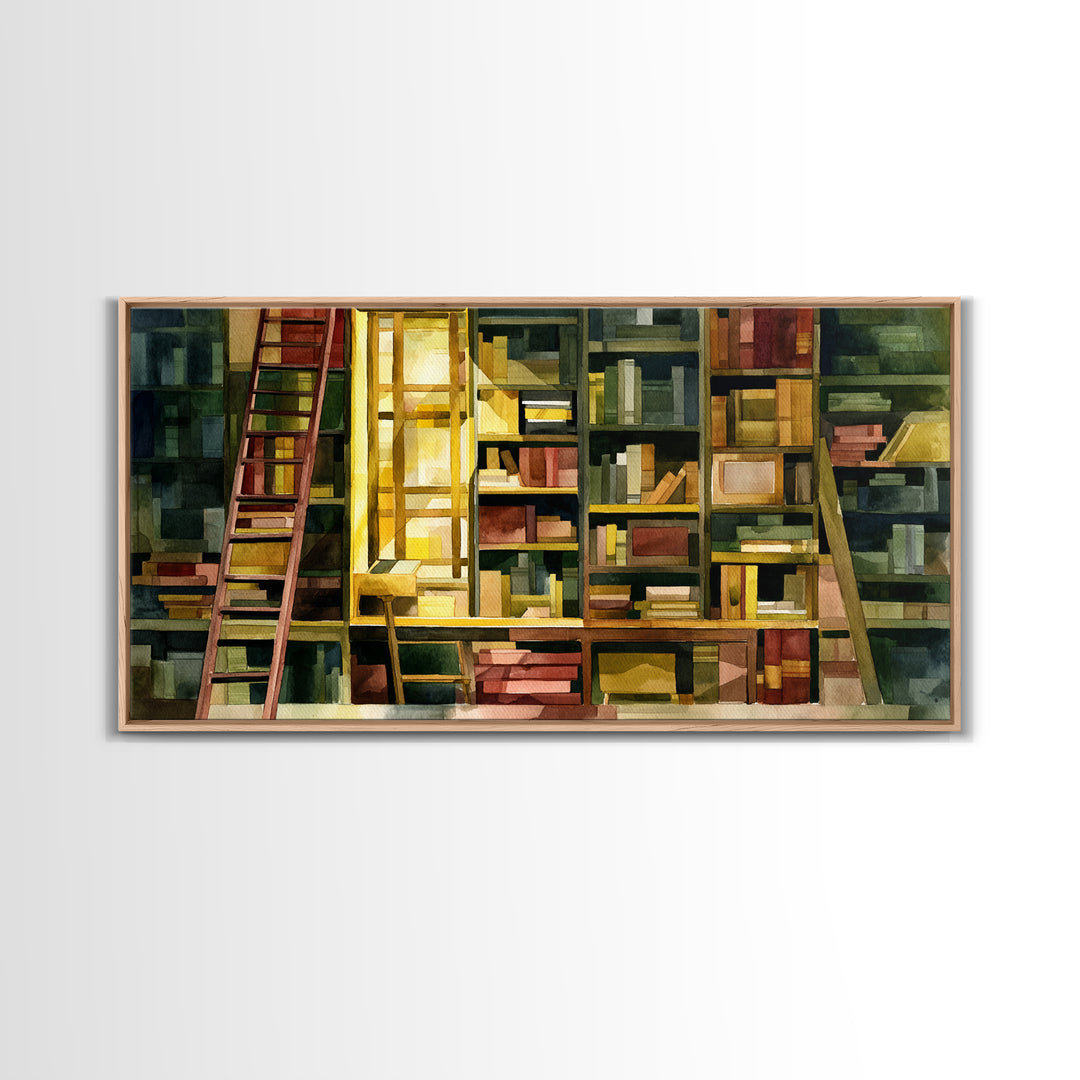 Rolling Library Ladder Framed Canvas Print, Library Art, Neutral Decor, Library Decor, Fine Art, Archive, Home Decor, LIB-2x1-95