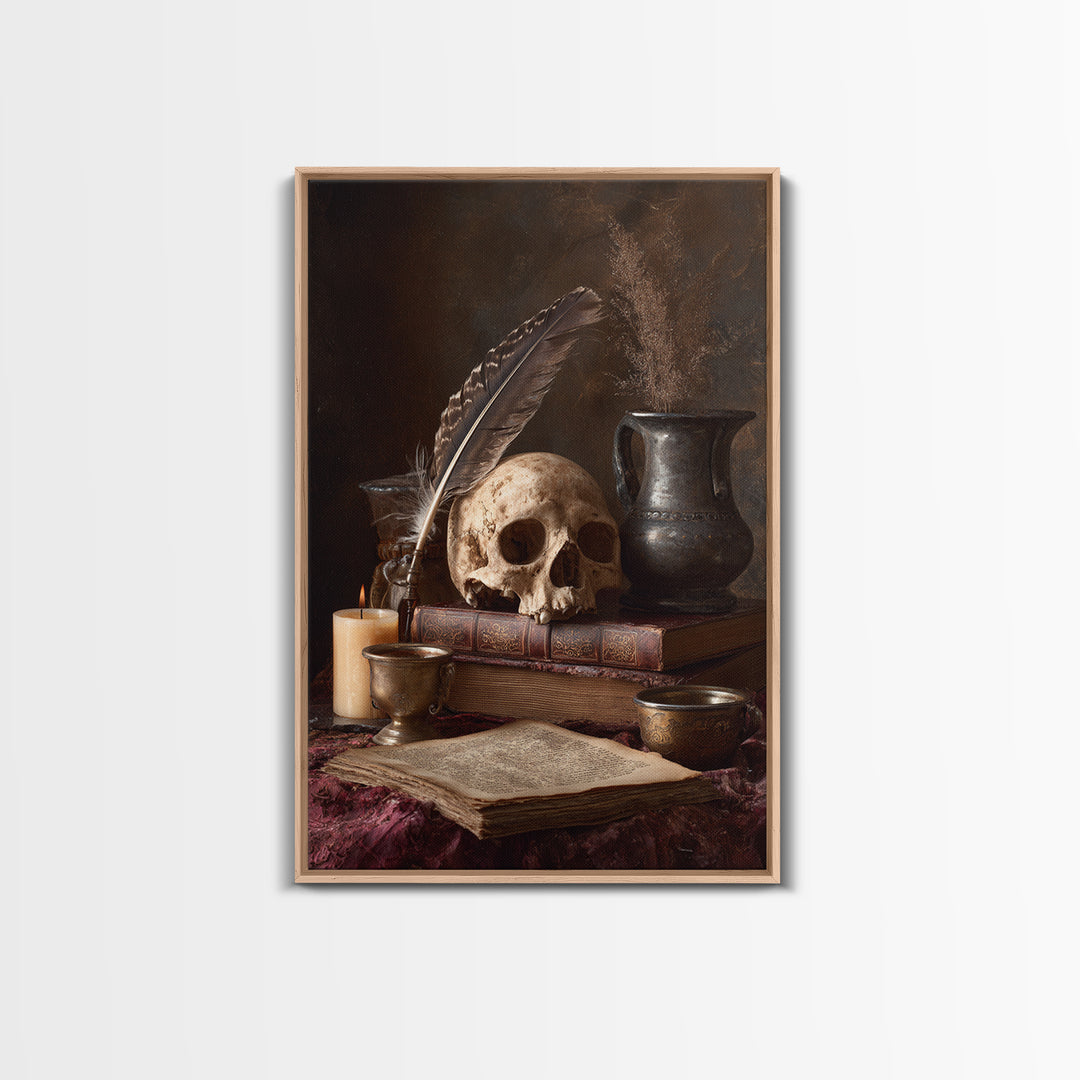 Dark Academia Skull Book and Quill Still Framed Canvas Print, Library Art, Dark Academia Decor, Library Decor, Archive, LIB-2x3-13