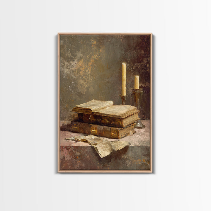 Ancient Book with Brass Clasps Framed Canvas Print, Library Art, Gothic Home Decor, Library Decor, Oil Painting, Archive, LIB-2x3-21