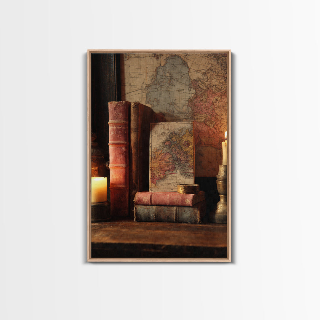 Map and Compass on Leather Bound Atlas Framed Canvas Print, Library Art, Modern Decor, Library Decor, Fine Art, Archive, LIB-2x3-24