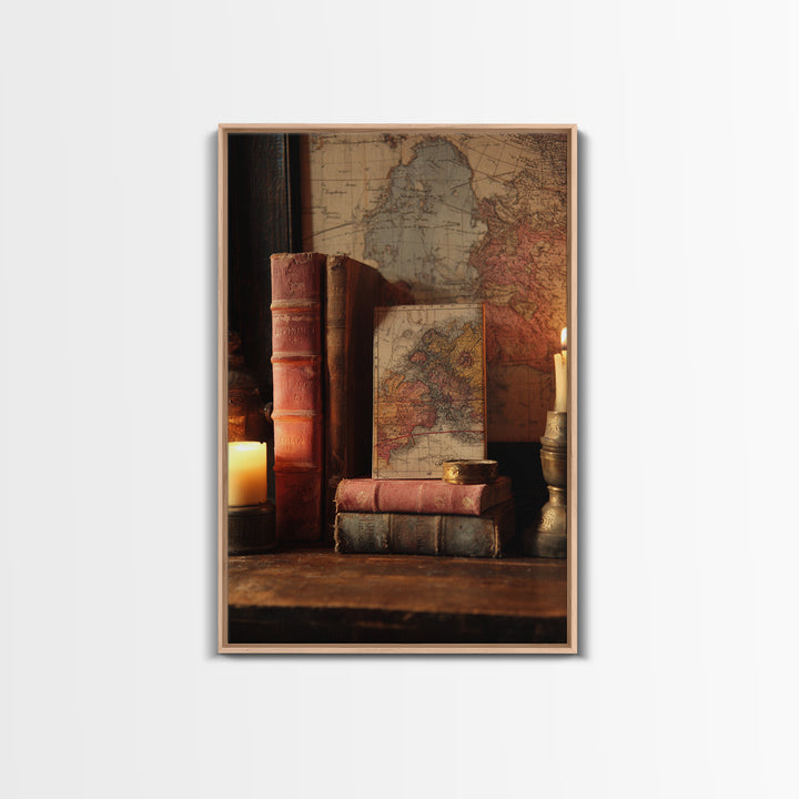 Map and Compass on Leather Bound Atlas Framed Canvas Print, Library Art, Modern Decor, Library Decor, Fine Art, Archive, LIB-2x3-24