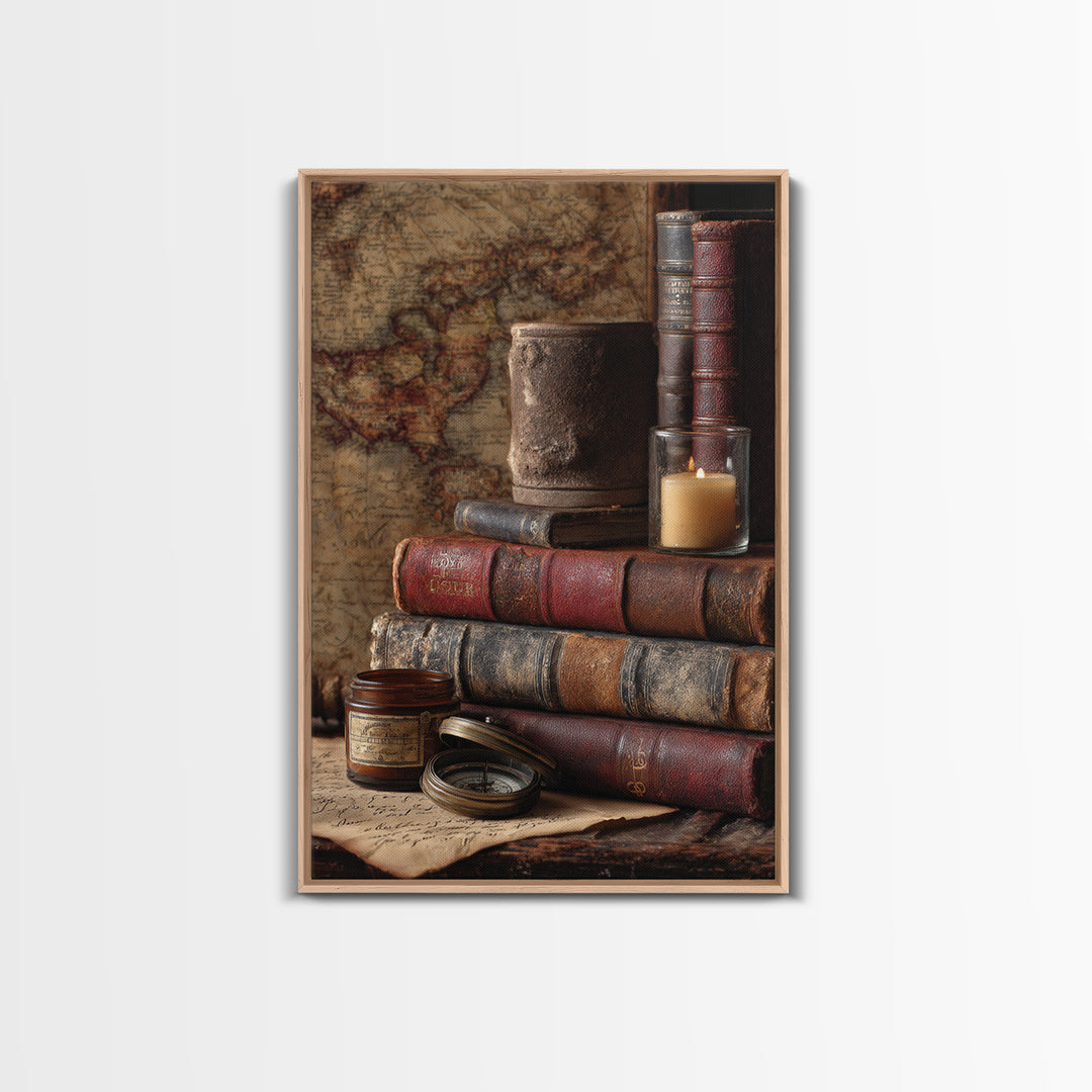 Map and Compass on Leather Bound Atlas Canvas Print, Library Art, Gothic Home Decor, Library Decor, Oil Painting, Archive, LIB-2x3-72