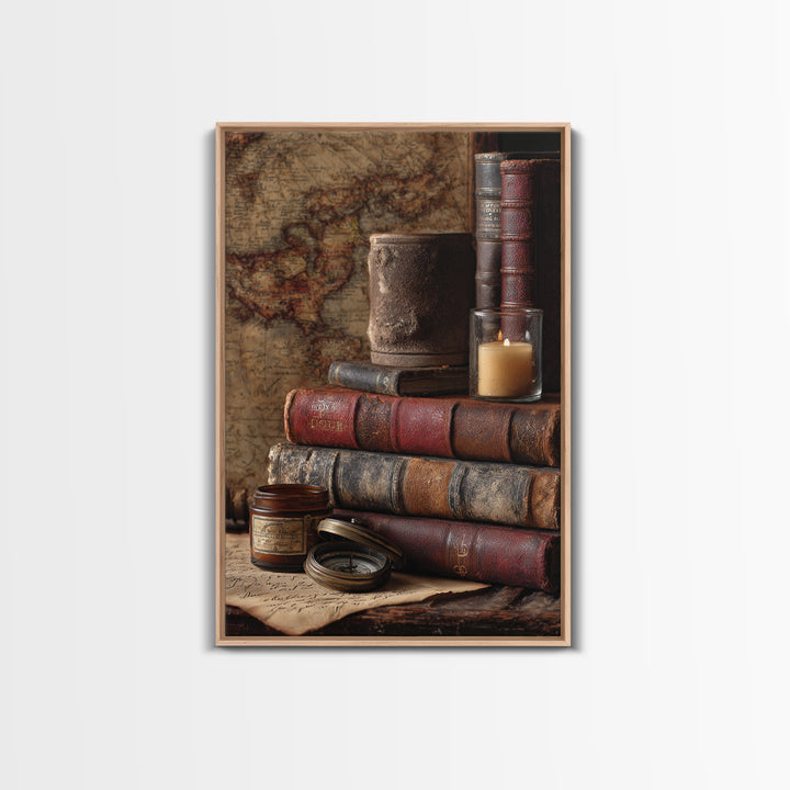 Map and Compass on Leather Bound Atlas Canvas Print, Library Art, Gothic Home Decor, Library Decor, Oil Painting, Archive, LIB-2x3-72
