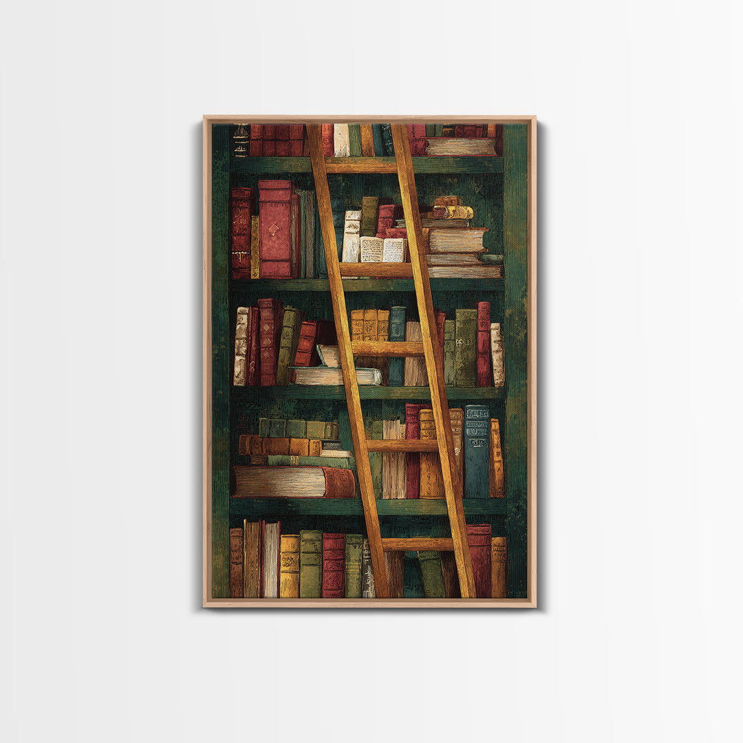 Rolling Library Ladder Framed Canvas Print, Library Art, Dark Academia Art, Library Decor, Abstract Art, Archive, Room Decor, LIB-2x3-83