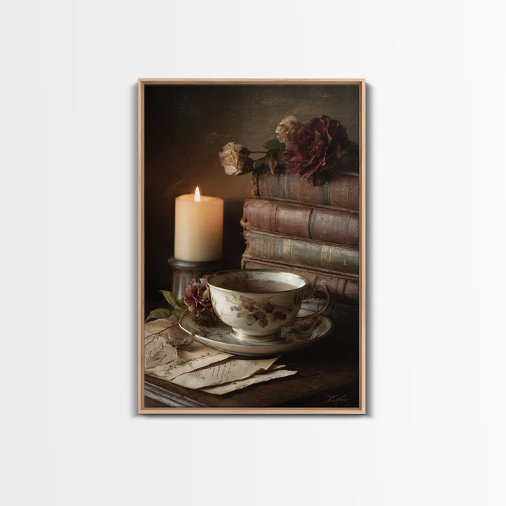 Teacup Beside a Novel and Roses Framed Canvas Print, Library Art, Unique Wall Art, Library Decor, Archive, Dark Academia Art, LIB-2x3-94