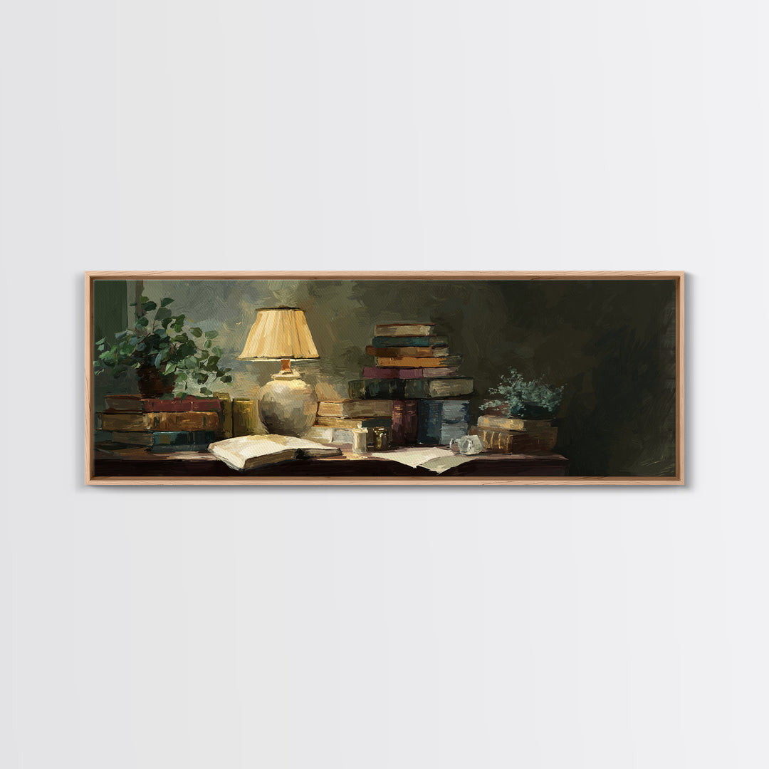 Warm Reading Lamp and Small Plant Still Canvas Print, Library Art, Watercolor Art, Library Decor, Archive, Halloween Wall Art, LIB-3x1-13