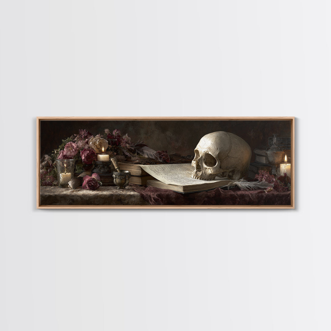Dark Academia Skull Book and Quill Still Canvas Print, Library Art, Black Cat Art, Library Decor, Archive, Luxury Decor, LIB-3x1-21
