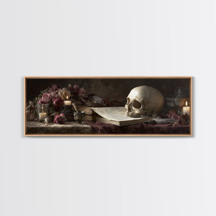Dark Academia Skull Book and Quill Still Canvas Print, Library Art, Black Cat Art, Library Decor, Archive, Luxury Decor, LIB-3x1-21