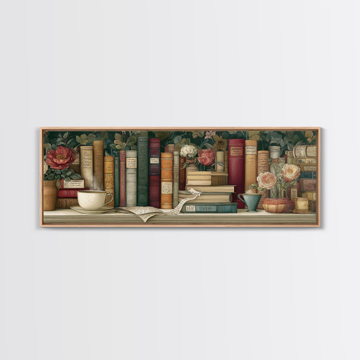 Teacup Beside a Novel and Roses Canvas Print, Library Art, Gothic Wall Decor, Library Decor, Fine Art, Archive, LIB-3x1-54