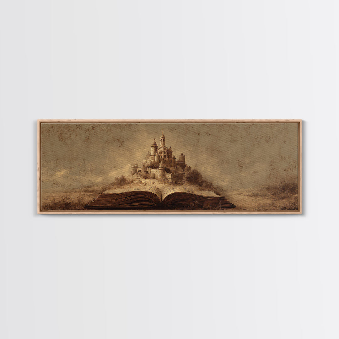 Storybook Castle Emerging from Open Book Framed Canvas Print, Library Art, Painting, Library Decor, Fine Art, Archive, LIB-3x1-55
