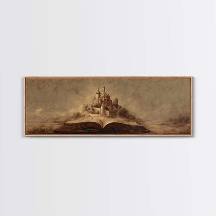 Storybook Castle Emerging from Open Book Framed Canvas Print, Library Art, Painting, Library Decor, Fine Art, Archive, LIB-3x1-55