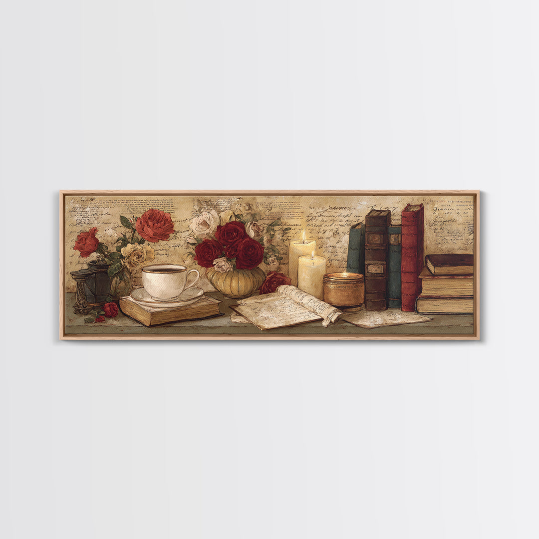 Teacup Beside a Novel and Roses Canvas Print, Library Art, Black Cat Art, Library Decor, Fine Art, Archive, Luxury Decor, LIB-3x1-6