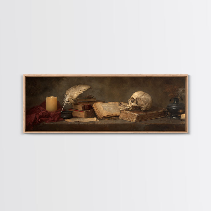 Dark Academia Skull Book and Quill Still Framed Canvas Print, Library Art, Gallery Decor, Library Decor, Fine Art, Archive, LIB-3x1-69