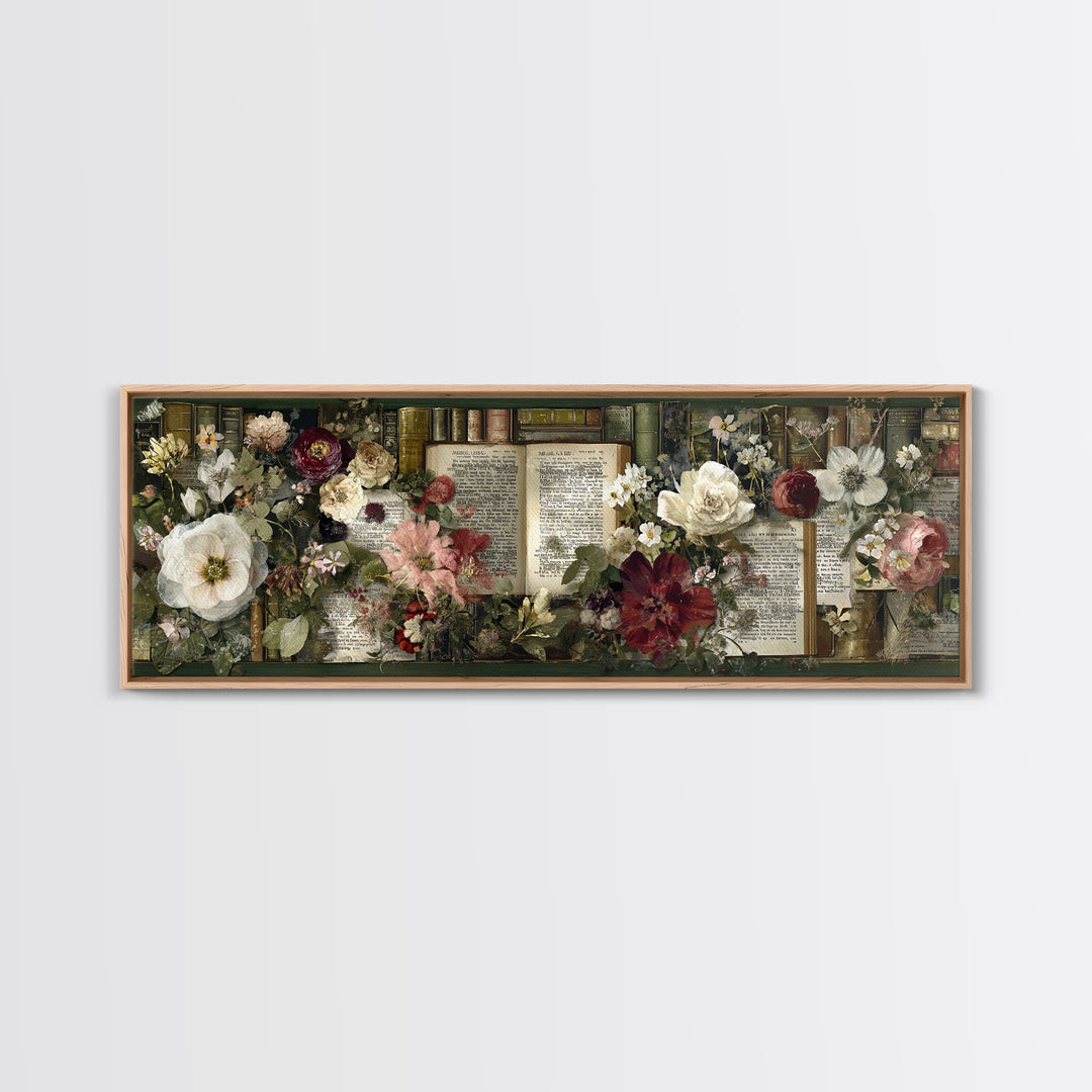 Botanical Pressed Flowers Inside Old Pages Framed Canvas Print, Library Art, Neutral Decor, Library Decor, Oil Painting, LIB-3x1-73
