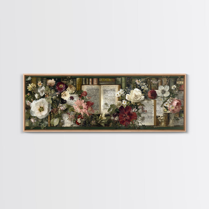 Botanical Pressed Flowers Inside Old Pages Framed Canvas Print, Library Art, Neutral Decor, Library Decor, Oil Painting, LIB-3x1-73