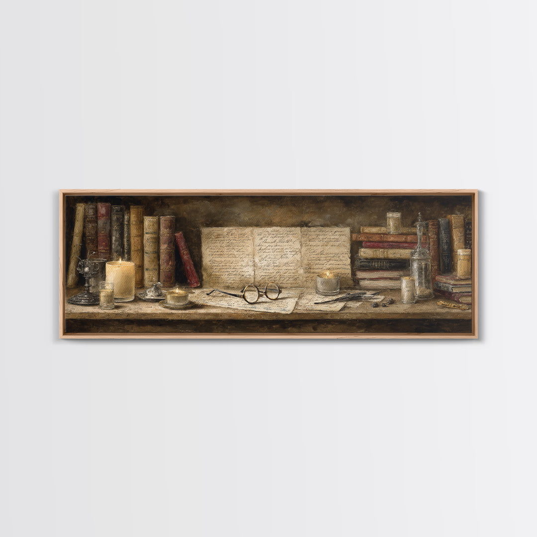 Antique Spectacles on a Manuscript Framed Canvas Print, Library Art, Digital Art, Library Decor, Archive, Watercolor Art, LIB-3x1-84