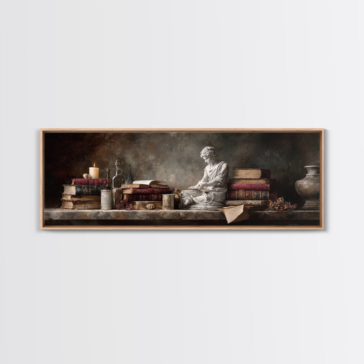 Renaissance Reading Figure Framed Canvas Print, Library Art, Dark Academia Decor, Library Decor, Archive, Botanical Art, LIB-3x1-87